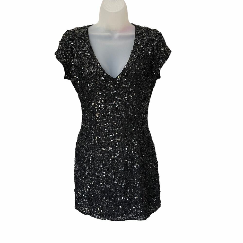 Pookie & Sebastian Black Sequin V-Neck Cap Sleeve Mini Dress Women's Size XS